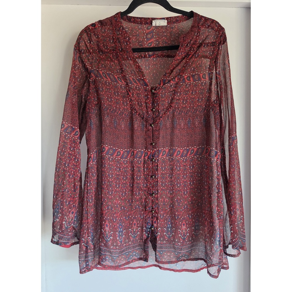 Converse One Star Blouse Size S Red Paisley V-Neck Long Sleeve Top Boho Sheer